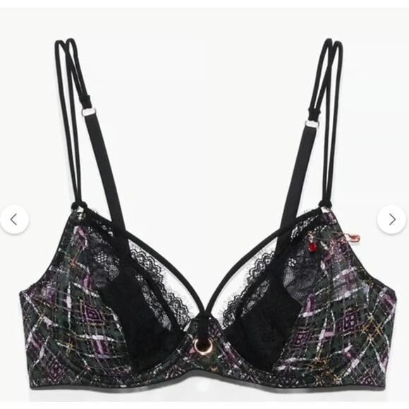 Savage X Fenty A Little Tart Unlined Bra Black Lace Plaid 32C Plunge Feminine - Picture 2 of 11